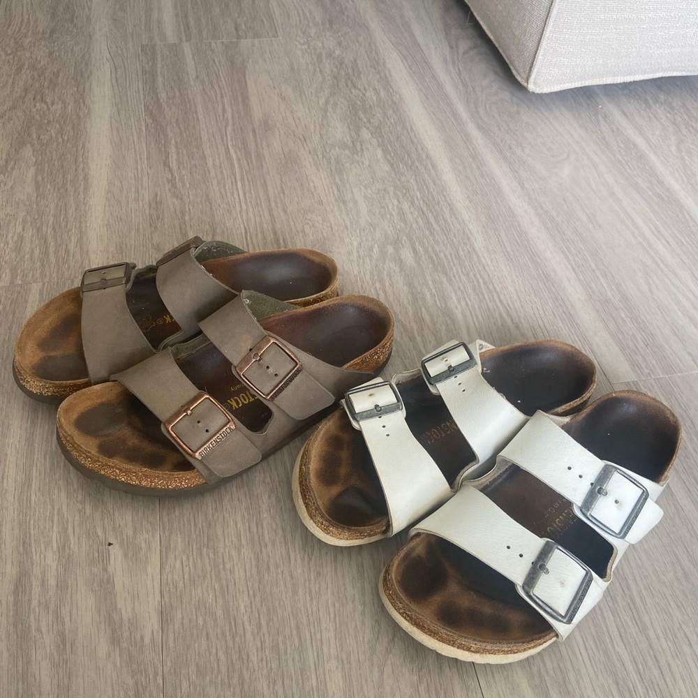 Size 38 (womens 7.5-8) Birkenstocks. Used condition slides. Both pairs for $50!